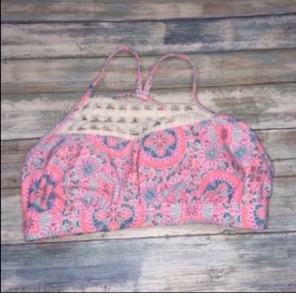 Xhilaration Floral Halter Bikini Top Medium Pink Blue Crochet Lace Boho Swim Top